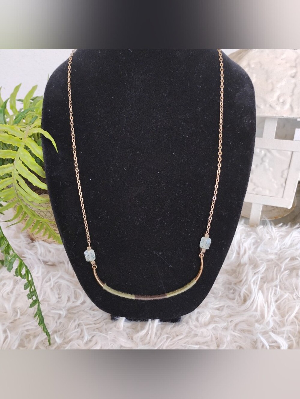 Gold-Tone Delicate Bar Necklace with Green Accents - Women Jewelry